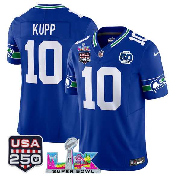 Mens Seattle Seahawks #10 Cooper Kupp Royal 2025 F.U.S.E. Super Bowl LX Patch And 50th Season Patch Vapor Throwback Limited Stitched Jersey->seattle seahawks->NFL Jersey