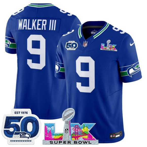 Mens Seattle Seahawks #9 Kenneth Walker III Royal 2025 F.U.S.E. Super Bowl LX Patch And 50th Season Patch Vapor Throwback Limited Stitched Jersey->seattle seahawks->NFL Jersey