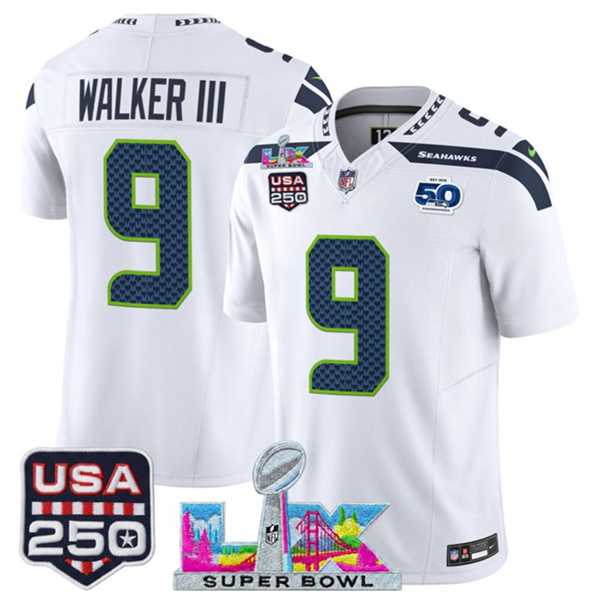 Mens Seattle Seahawks #9 Kenneth Walker III White 2025 F.U.S.E. Super Bowl LX Patch And 50th Season & USA 250 Patch Vapor Limited Stitched Jersey->seattle seahawks->NFL Jersey
