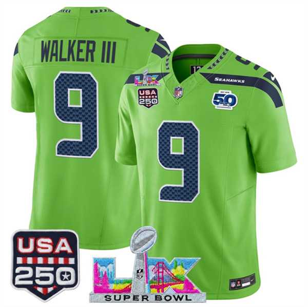 Mens Seattle Seahawks #9 Kenneth Walker III Green 2025 F.U.S.E. Super Bowl LX Patch And 50th Season & USA 250 Patch Vapor Limited Stitched Jersey->seattle seahawks->NFL Jersey