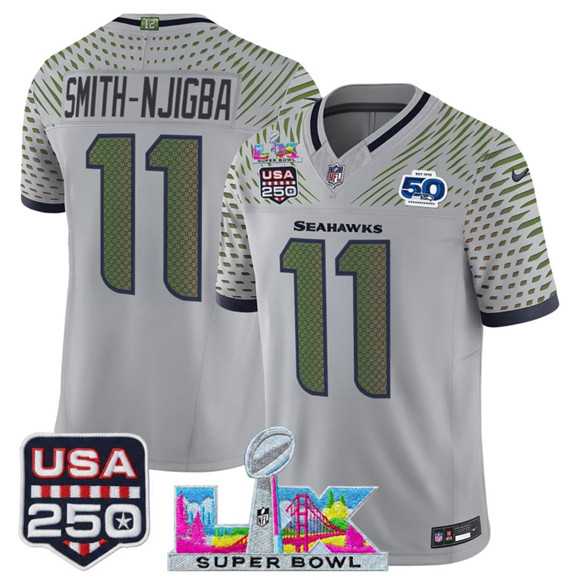 Mens Seattle Seahawks #11 Jaxon Smith-Njigba Gray 2025 F.U.S.E. Super Bowl LX & US 250th anniversary Patch And 50th Season Patch Rivalries Vapor Limited Stitched Jersey->seattle seahawks->NFL Jersey