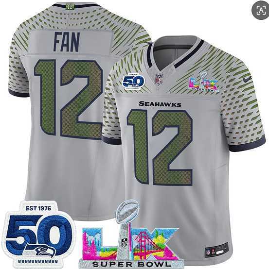 Mens Seattle Seahawks #12 Fan Gray 2025 F.U.S.E. Super Bowl LX Patch And 50th Season Patch Rivalries Vapor Limited Stitched Jersey->seattle seahawks->NFL Jersey