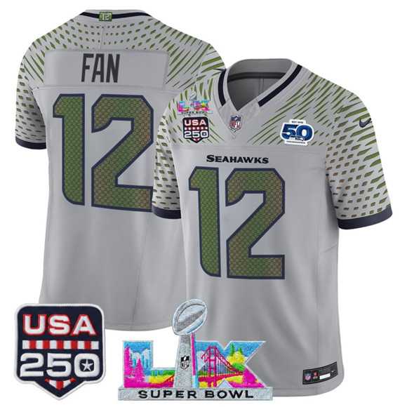 Mens Seattle Seahawks #12 Fan Gray 2025 F.U.S.E. Super Bowl LX & US 250th anniversary Patch And 50th Season Patch Rivalries Vapor Limited Stitched Jersey->seattle seahawks->NFL Jersey