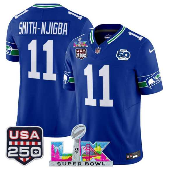 Mens Seattle Seahawks #11 Jaxon Smith-Njigba Royal 2025 F.U.S.E. Super Bowl LX Patch And 50th Season & USA 250 Patch Vapor Throwback Limited Stitched Jersey->seattle seahawks->NFL Jersey