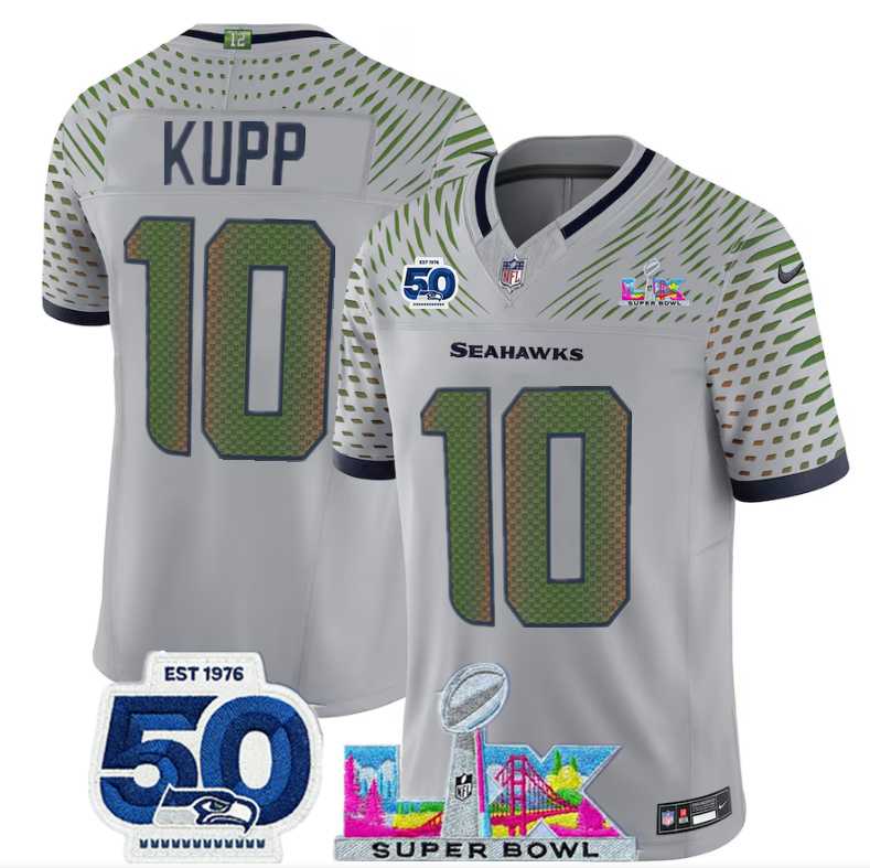 Mens Seattle Seahawks #10 Cooper Kupp Grey 2025 F.U.S.E. Super Bowl LX Patch And 50th Season Patch Rivalries Vapor Limited Stitched Jersey->seattle seahawks->NFL Jersey