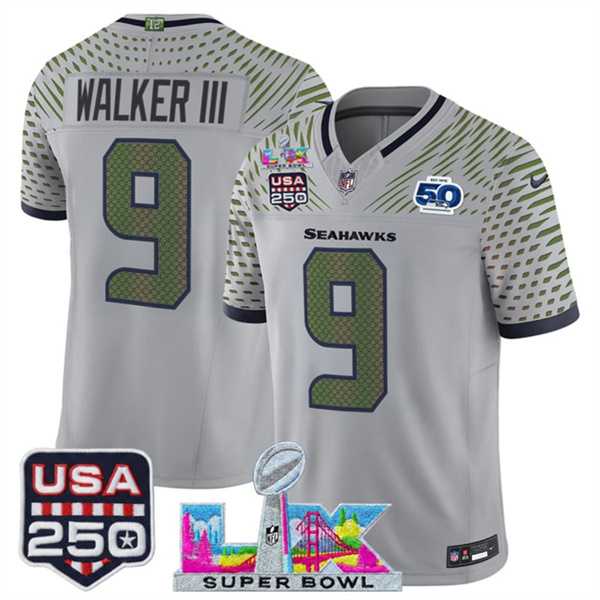 Mens Seattle Seahawks #9 Kenneth Walker III Gray 2025 F.U.S.E. Super Bowl LX & US 250th anniversary Patch And 50th Season Patch Rivalries Vapor Limited Stitched Jersey->seattle seahawks->NFL Jersey