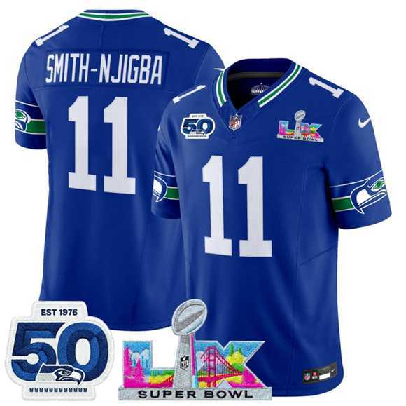 Mens Seattle Seahawks #11 Jaxon Smith-Njigba Royal 2025 F.U.S.E. Super Bowl LX Patch And 50th Season Patch Vapor Throwback Limited Stitched Jersey->seattle seahawks->NFL Jersey