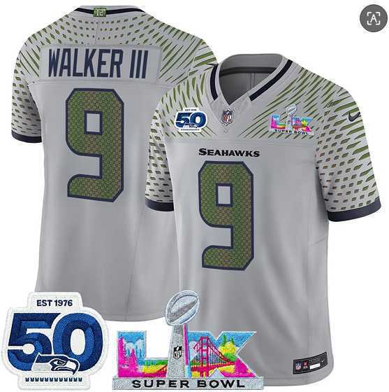Mens Seattle Seahawks #9 Kenneth Walker III Gray 2025 F.U.S.E. Super Bowl LX Patch And 50th Season Patch Rivalries Vapor Limited Stitched Jersey->seattle seahawks->NFL Jersey
