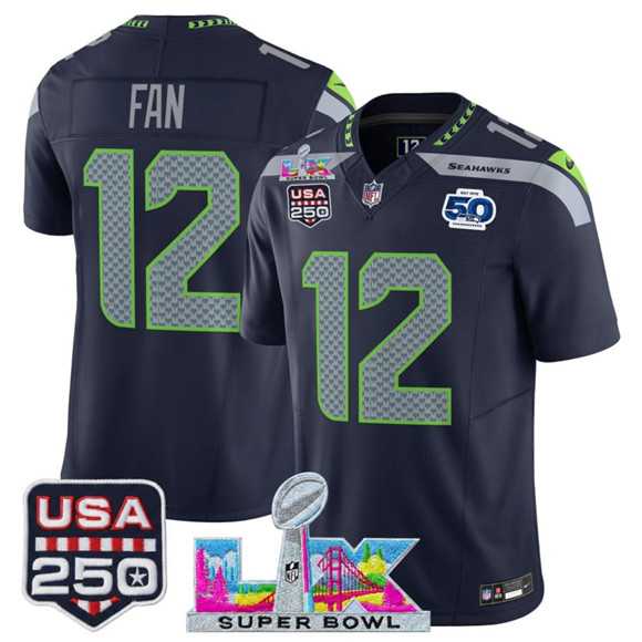 Mens Seattle Seahawks #12 Fan Navy 2025 F.U.S.E. Super Bowl LX Patch And 50th Season Patch Vapor Limited Football Stitched Jersey->seattle seahawks->NFL Jersey