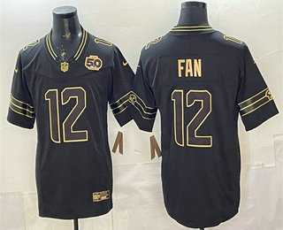 Mens Seattle Seahawks #12 Fan Black Gold 2025 FUSE 50th Season Patch Limited Stitched Jersey Dzhi->seattle seahawks->NFL Jersey