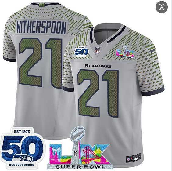 Mens Seattle Seahawks #21 Devon Witherspoon Gray 2025 F.U.S.E. Super Bowl LX Patch And 50th Season Patch Rivalries Vapor Limited Stitched Jersey->seattle seahawks->NFL Jersey