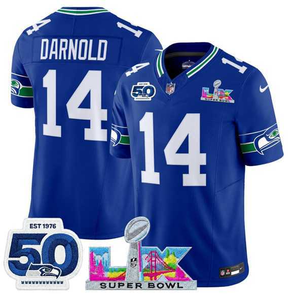 Mens Seattle Seahawks #14 Sam Darnold Royal 2025 F.U.S.E. Super Bowl LX Patch And 50th Season Patch Vapor Throwback Limited Stitched Jersey->seattle seahawks->NFL Jersey