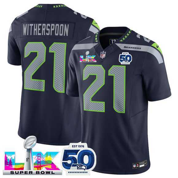 Mens Seattle Seahawks #21 Devon Witherspoon Navy 2025 F.U.S.E. Super Bowl LX Patch And 50th Season Patch Vapor Limited Stitched Jersey->seattle seahawks->NFL Jersey