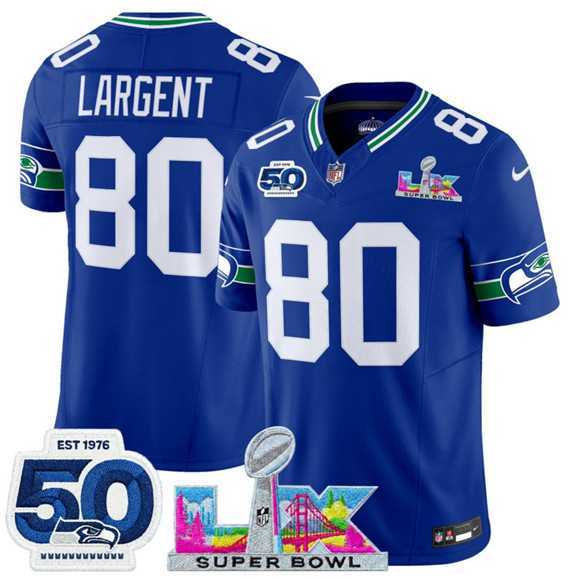 Mens Seattle Seahawks #80 Steve Largent Royal 2025 F.U.S.E. Super Bowl LX Patch And 50th Season Patch Vapor Throwback Limited Stitched Jersey->seattle seahawks->NFL Jersey