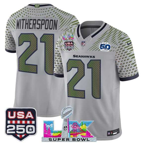 Mens Seattle Seahawks #21 Devon Witherspoon Gray 2025 F.U.S.E. Super Bowl LX & US 250th anniversary Patch And 50th Season Patch Rivalries Vapor Limited Stitched Jersey->seattle seahawks->NFL Jersey