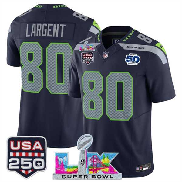 Mens Seattle Seahawks #80 Steve Largent Navy 2025 F.U.S.E. Super Bowl LX Patch And 50th Season & USA 250 Patch Vapor Limited Stitched Jersey->seattle seahawks->NFL Jersey
