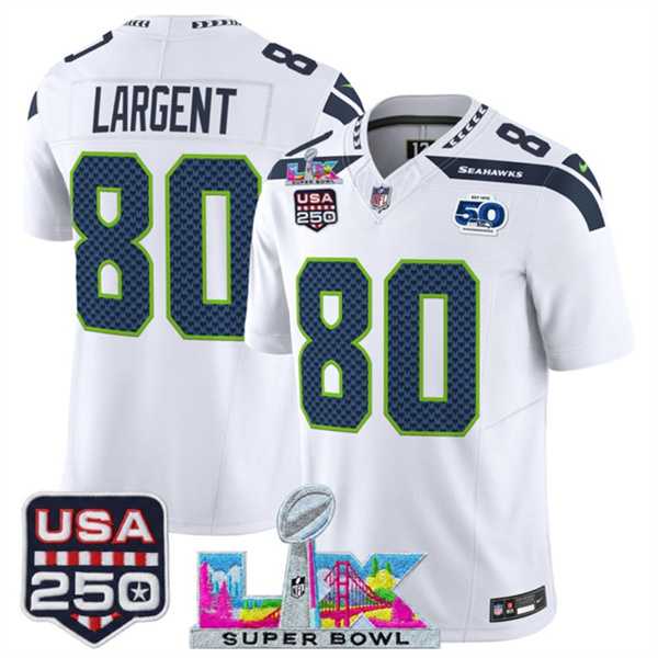 Mens Seattle Seahawks #80 Steve Largent White 2025 F.U.S.E. Super Bowl LX Patch And 50th Season & USA 250 Patch Vapor Limited Stitched Jersey->seattle seahawks->NFL Jersey