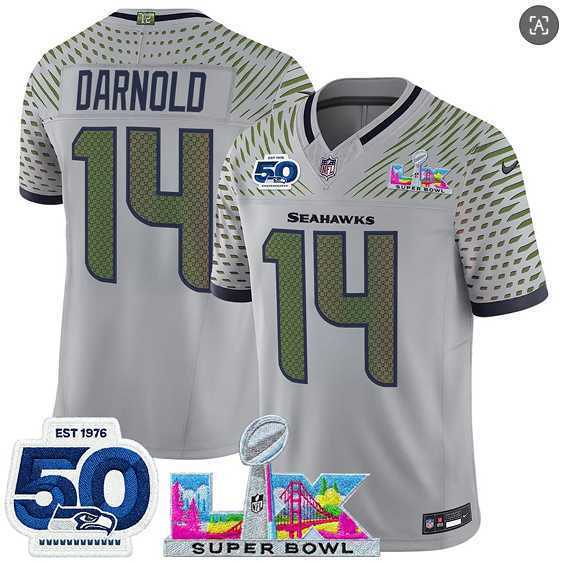 Mens Seattle Seahawks #14 Sam Darnold Gray 2025 F.U.S.E. Super Bowl LX Patch And 50th Season Patch Rivalries Vapor Limited Stitched Jersey->seattle seahawks->NFL Jersey