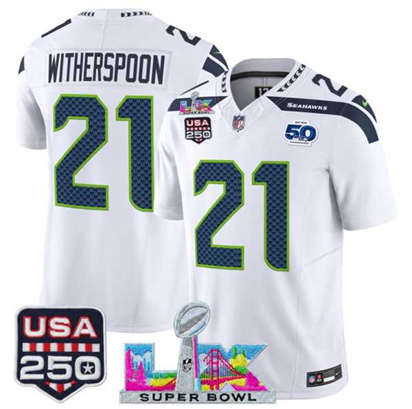 Men%27s Seattle Seahawks #21 Devon Witherspoon White 2025 F.U.S.E. Super Bowl LX Patch And 50th Season & USA 250%27 Patch Vapor Limited Stitched Jersey->seattle seahawks->NFL Jersey