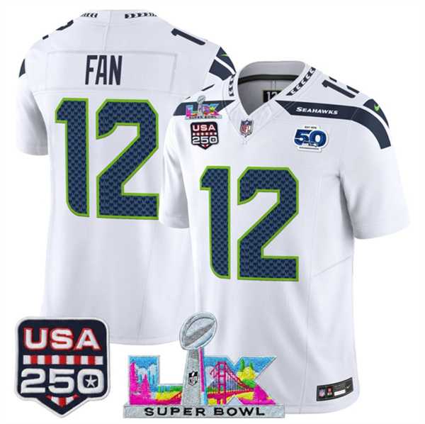 Mens Seattle Seahawks #12 Fan White 2025 F.U.S.E. Super Bowl LX Patch And 50th Season & USA 250 Patch Vapor Limited Stitched Jersey->seattle seahawks->NFL Jersey