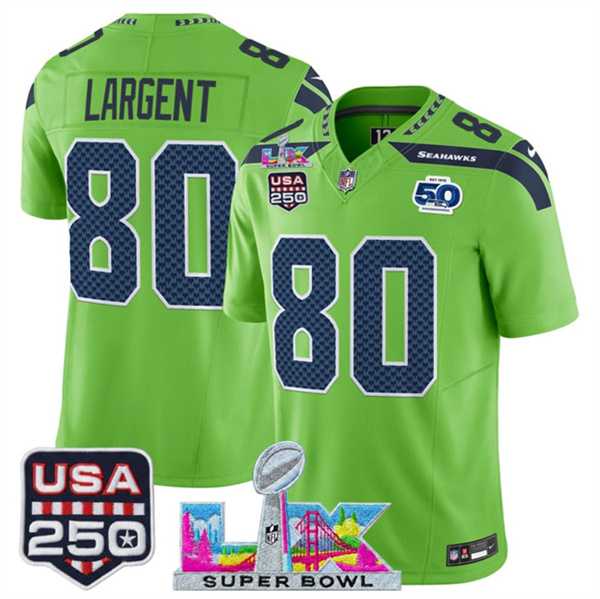 Mens Seattle Seahawks #80 Steve Largent Green 2025 F.U.S.E. Super Bowl LX Patch And 50th Season & USA 250 Patch Vapor Limited Stitched Jersey->seattle seahawks->NFL Jersey