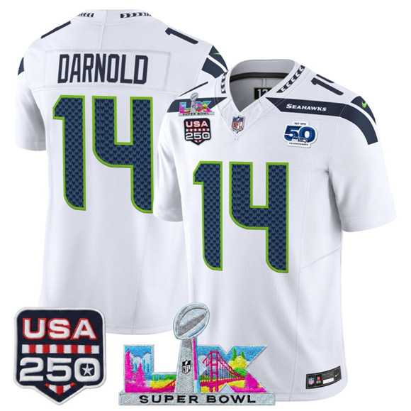 Mens Seattle Seahawks #14 Sam Darnold White 2025 F.U.S.E. Super Bowl LX Patch And 50th Season & USA 250 Patch Vapor Limited Stitched Jersey->seattle seahawks->NFL Jersey