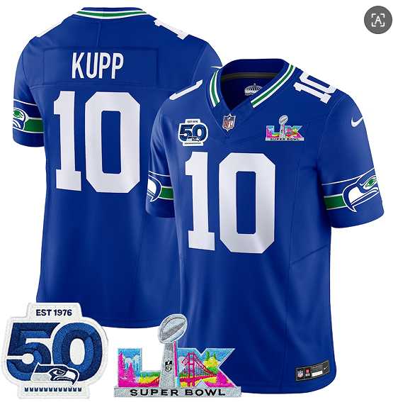 Mens Seattle Seahawks#10 Cooper Kupp Royal 2025 F.U.S.E. Super Bowl LX Patch And 50th Season Patch Vapor Throwback Limited Stitched Jersey->seattle seahawks->NFL Jersey