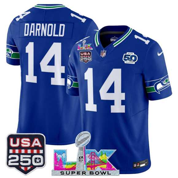 Mens Seattle Seahawks #14 Sam Darnold Royal 2025 F.U.S.E. Super Bowl LX Patch And 50th Season & USA 250 Patch Vapor Throwback Limited Stitched Jersey->seattle seahawks->NFL Jersey