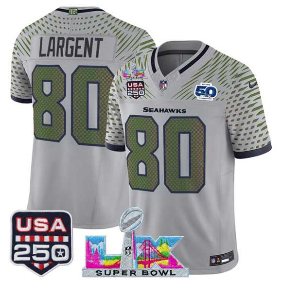 Mens Seattle Seahawks #80 Steve Largent Gray 2025 F.U.S.E. Super Bowl LX & US 250th anniversary Patch And 50th Season Patch Rivalries Vapor Limited Stitched Jersey->seattle seahawks->NFL Jersey