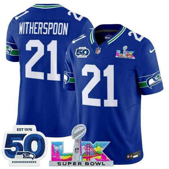 Mens Seattle Seahawks #21 Devon Witherspoon Royal 2025 F.U.S.E. Super Bowl LX Patch And 50th Season Patch Vapor Throwback Limited Stitched Jersey->seattle seahawks->NFL Jersey