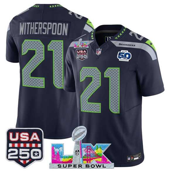 Mens Seattle Seahawks #21 Devon Witherspoon Navy 2025 F.U.S.E. Super Bowl LX Patch And 50th Season & USA 250 Patch Vapor Limited Stitched Jersey->seattle seahawks->NFL Jersey