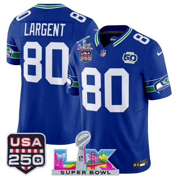 Mens Seattle Seahawks #80 Steve Largent Royal 2025 F.U.S.E. Super Bowl LX Patch And 50th Season & USA 250 Patch Vapor Throwback Limited Stitched Jersey->seattle seahawks->NFL Jersey