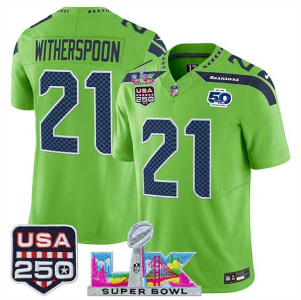 Mens Seattle Seahawks #21 Devon Witherspoon Green 2025 F.U.S.E. Super Bowl LX Patch And 50th Season & USA 250 Patch Vapor Limited Stitched Jersey->seattle seahawks->NFL Jersey