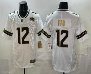 Mens Seattle Seahawks #12 Fan White Gold 2025 FUSE 50th Season Patch Limited Stitched Jersey Dzhi->seattle seahawks->NFL Jersey
