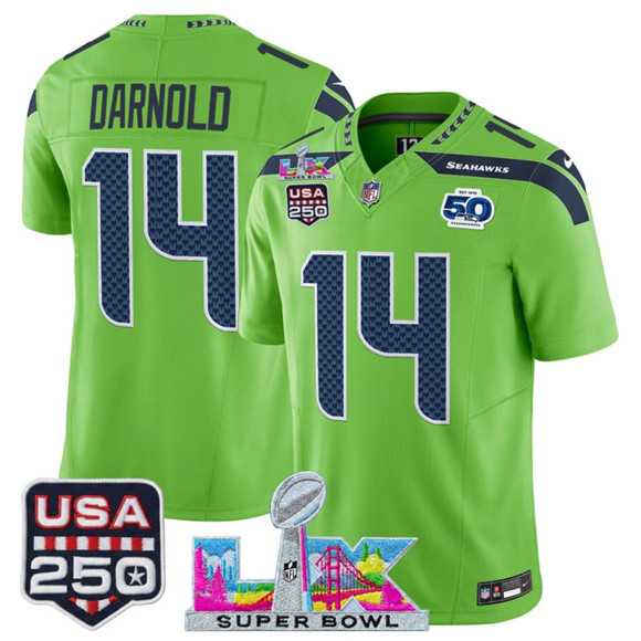 Mens Seattle Seahawks #14 Sam Darnold Green 2025 F.U.S.E. Super Bowl LX Patch And 50th Season & USA 250 Patch Vapor Limited Stitched Jersey->seattle seahawks->NFL Jersey
