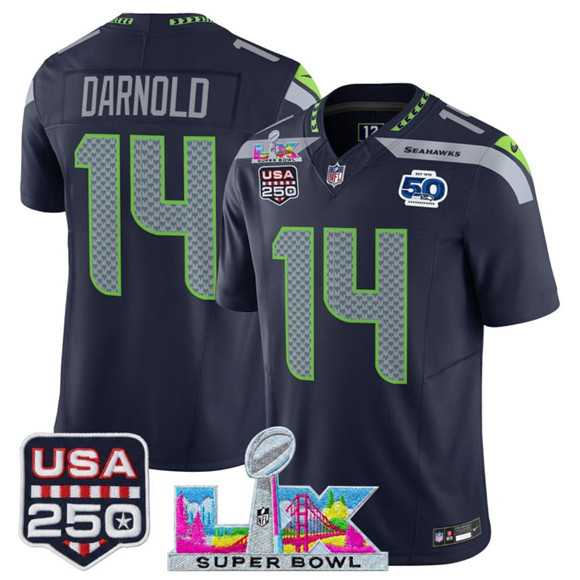 Mens Seattle Seahawks #14 Sam Darnold Navy 2025 F.U.S.E. Super Bowl LX Patch And 50th Season & USA 250 Patch Vapor Throwback Limited Stitched Jersey->seattle seahawks->NFL Jersey