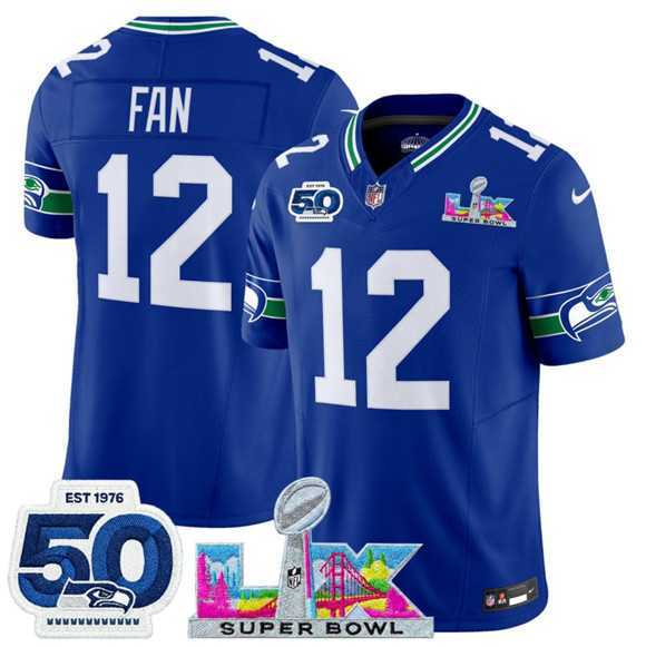 Mens Seattle Seahawks #12 Fan Royal 2025 F.U.S.E. Super Bowl LX Patch And 50th Season Patch Vapor Throwback Limited Stitched Jersey->seattle seahawks->NFL Jersey
