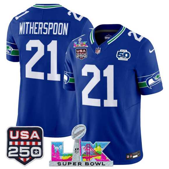 Mens Seattle Seahawks #21 Devon Witherspoon Royal 2025 F.U.S.E. Super Bowl LX Patch And 50th Season & USA 250 Patch Vapor Throwback Limited Stitched Jersey->seattle seahawks->NFL Jersey