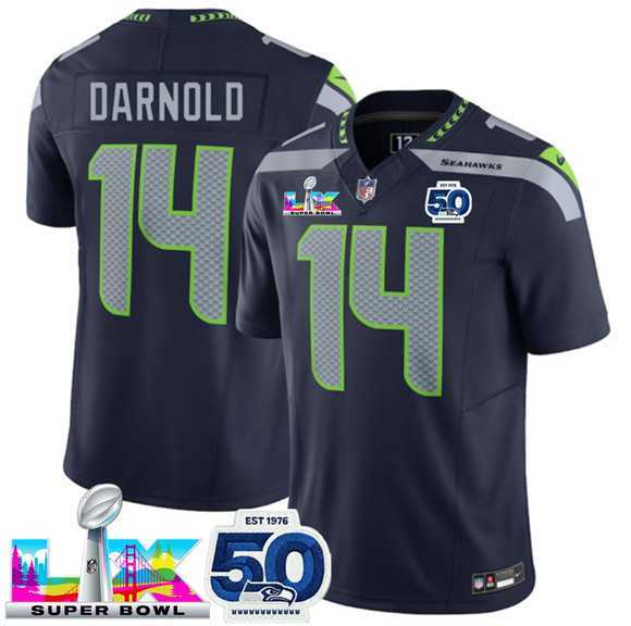 Mens Seattle Seahawks #14 Sam Darnold Navy 2025 F.U.S.E. Super Bowl LX Patch And 50th Season Patch Vapor Limited Stitched Jersey->seattle seahawks->NFL Jersey