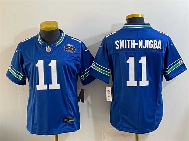 Womens Seattle Seahawks #11 Jaxon Smith-Njigba Royal 2024 F.U.S.E 50th Anniversary Patch Throwback Vapor Stitched Jersey Dzhi->seattle seahawks->NFL Jersey