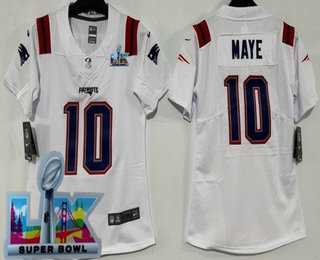 Womens New England Patriots #10 Drake Maye Limited White Super Bowl LX Vapor Jersey->new england patriots->NFL Jersey