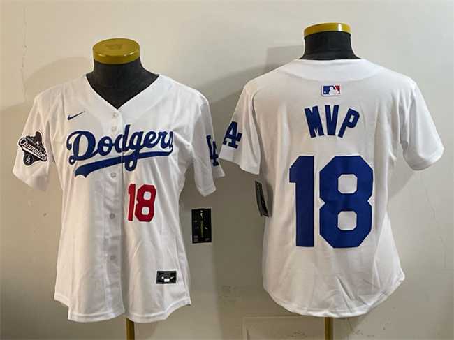 Womens Los Angeles Dodgers #18 MVP White 2025 World Series Champions Patch Limited Stitched Jersey Dzhi->mlb womens jerseys->MLB Jersey
