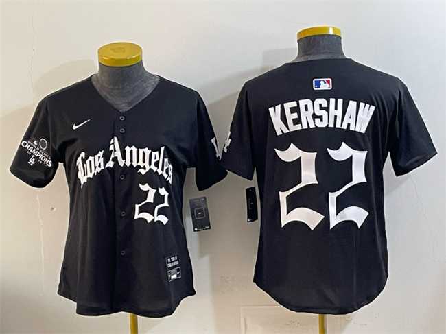 Womens Los Angeles Dodgers #22 Clayton Kershaw Black 2025 World Series Champions LA Gothic Edition Limited Stitched Jersey Dzhi->mlb womens jerseys->MLB Jersey