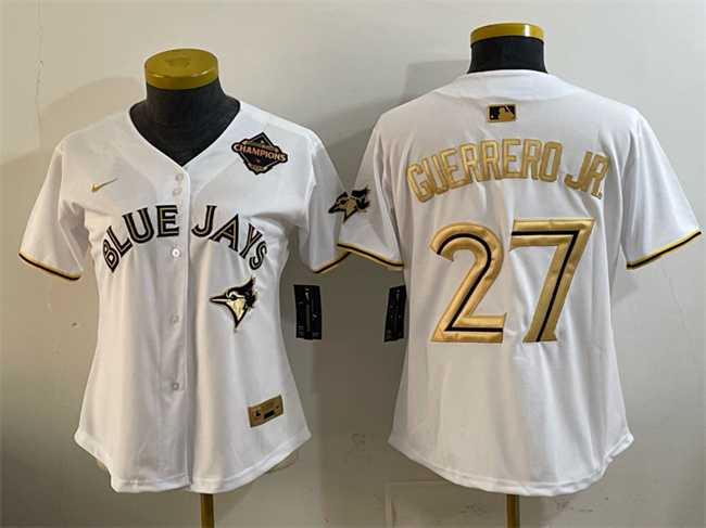 Womens Toronto Blue Jays #27 Vladimir Guerrero Jr. White Gold 2025 American League Champions Limited Stitched Jersey Dzhi->mlb womens jerseys->MLB Jersey