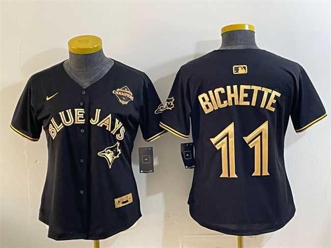 Womens Toronto Blue Jays #11 Bo Bichette Black Gold 2025 American League Champions Limited Stitched Jersey Dzhi->mlb womens jerseys->MLB Jersey