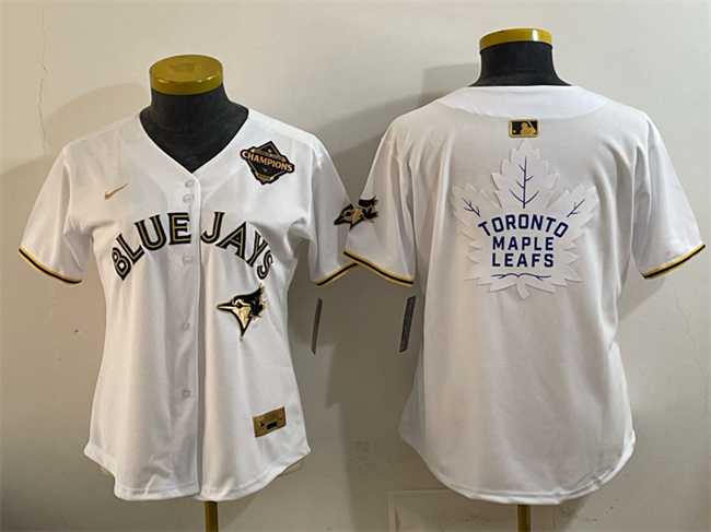 Womens Toronto Blue Jays & Leafs White Gold 2025 American League Champions With White Leafs Logo Limited Stitched Jersey Dzhi->mlb womens jerseys->MLB Jersey