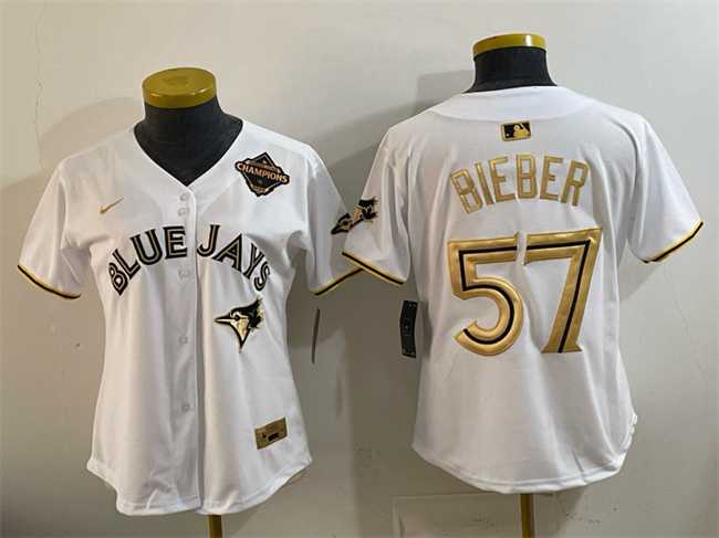 Womens Toronto Blue Jays #57 Shane Bieber White Gold 2025 American League Champions Limited Stitched Jersey Dzhi->mlb womens jerseys->MLB Jersey