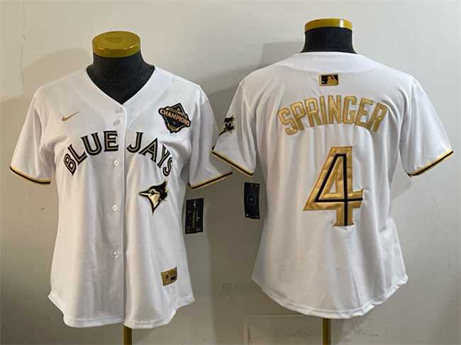 Womens Toronto Blue Jays #4 George Springer White Gold 2025 American League Champions Limited Stitched Jersey Dzhi->mlb womens jerseys->MLB Jersey
