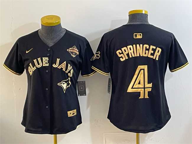 Womens Toronto Blue Jays #4 George Springer Black Gold 2025 American League Champions Limited Stitched Jersey Dzhi->mlb womens jerseys->MLB Jersey
