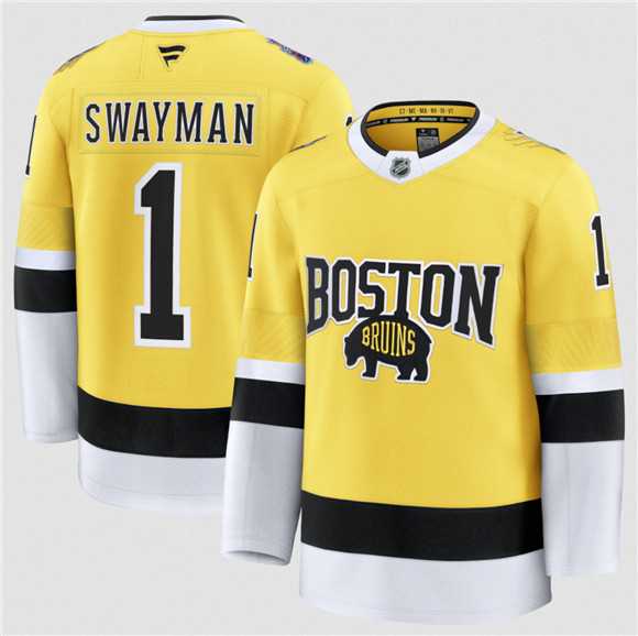 Mens Boston Bruins #1 Jeremy Swayman Gold 2026 Stadium Series Stitched Jersey Dzhi->boston bruins->NHL Jersey